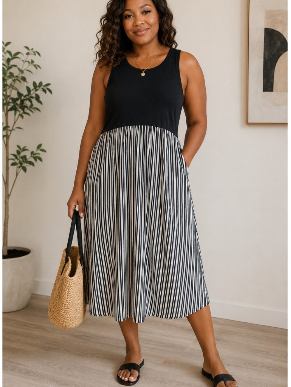 Addison Bay Women's Sleeveless Mix Media Striped Maxi Dress With Pockets